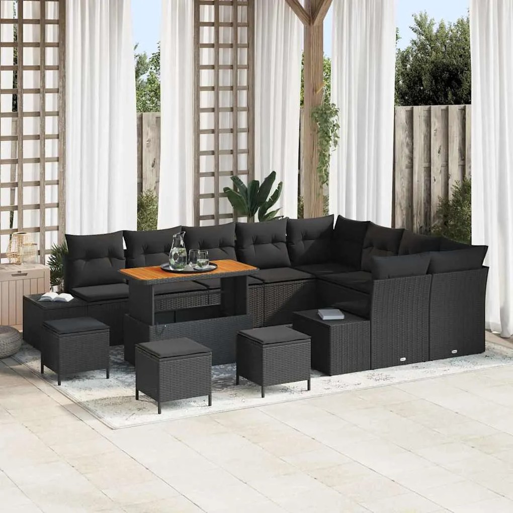 vidaXL Conjunto de Sofá de Jardim com 13 Peças e Almofadas, Vime Preto e Acácia