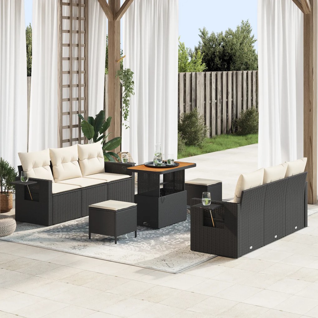 Conjunto de Sofá de Jardim vidaXL 9 Peças com Almofadas Preto Rattan P