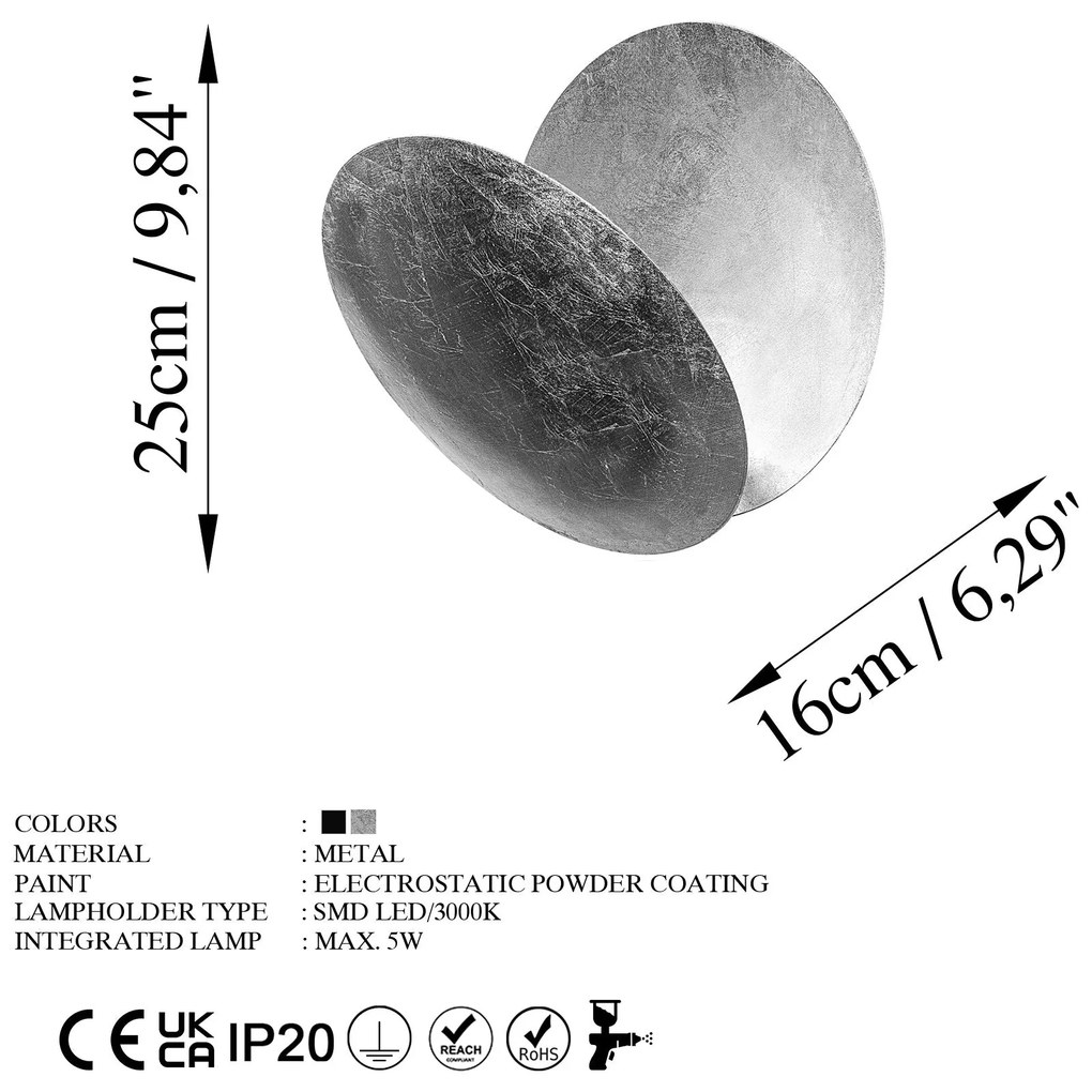 Candeeiro de Parede Yosma – Prateado – 25x25x16 cm