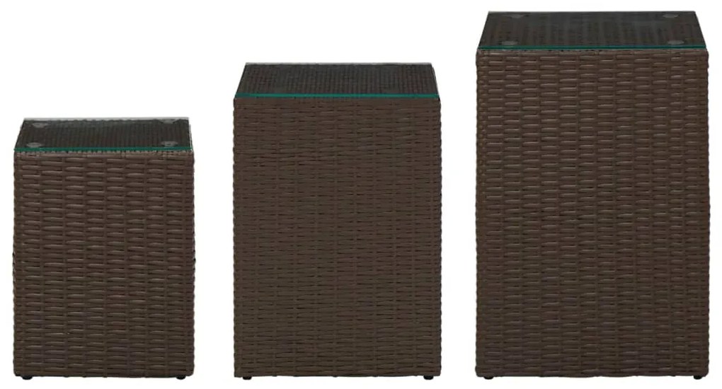 Mesas de apoio com tampo de vidro 3 pcs vime PE castanho