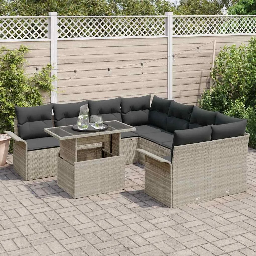 Conjunto de Sofá de Jardim de 9 Peças com Almofadas Cinza Claro Rattan
