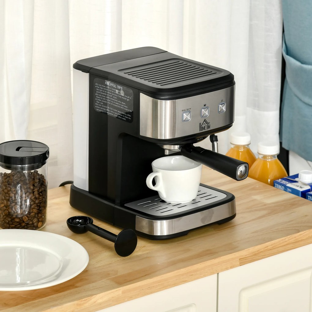 HOMCOM Cafeteira Semi Automática 850W de 15 Bar de Pressão com Depósito 1,5L Espumador de Leite para Espresso Capuccino Latte Macchiato Vaporizador Orientável 35,5x21x29cm Preto