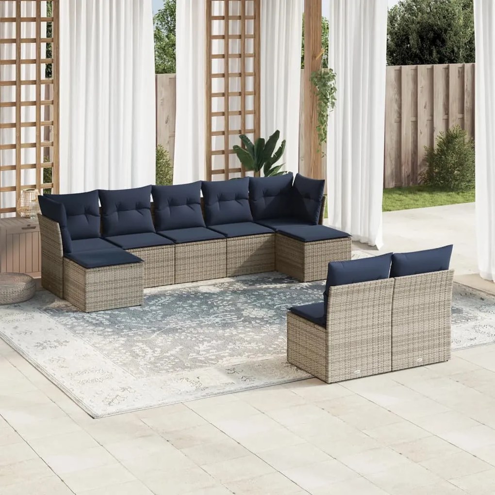 vidaXL 9 pcs conjunto sofás p/ jardim c/ almofadões vime PE cinzento