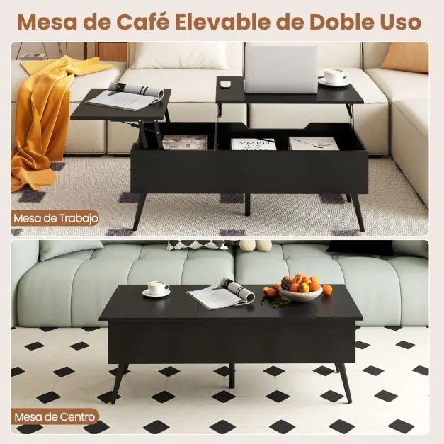 Mesa de centro moderna elevável com 2 compartimentos de armazenamento ocultos 111 x 48 x 40-53,5 cm Preta