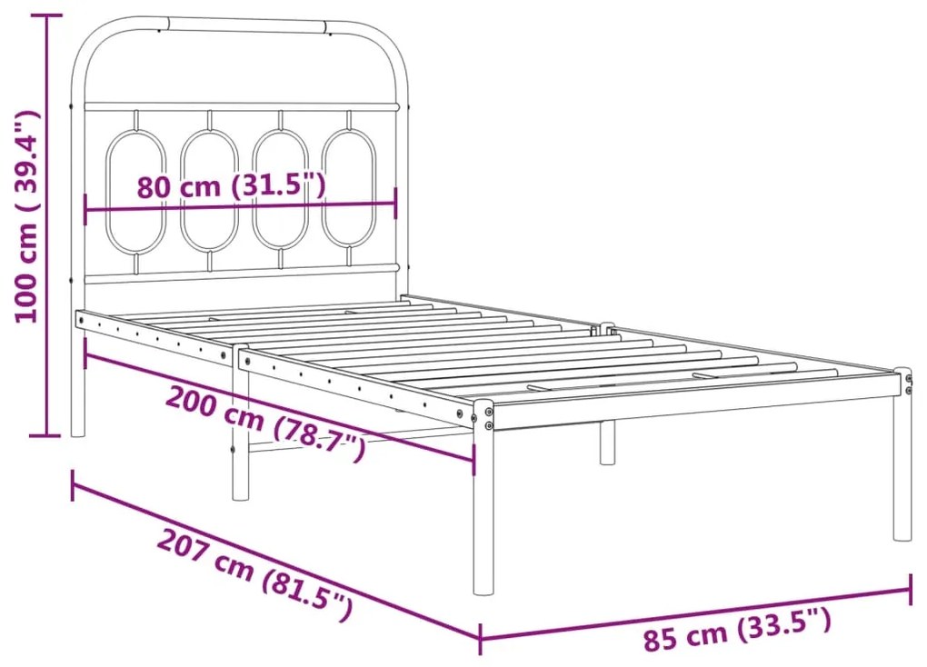 Estrutura de cama com cabeceira 80x200 cm metal preto