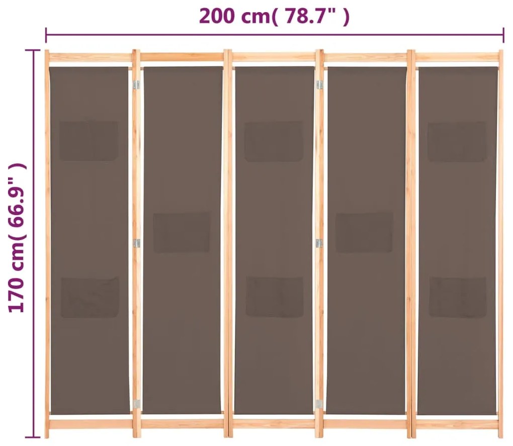 Divisória de quarto com 5 painéis 200x170x4 cm tecido castanho