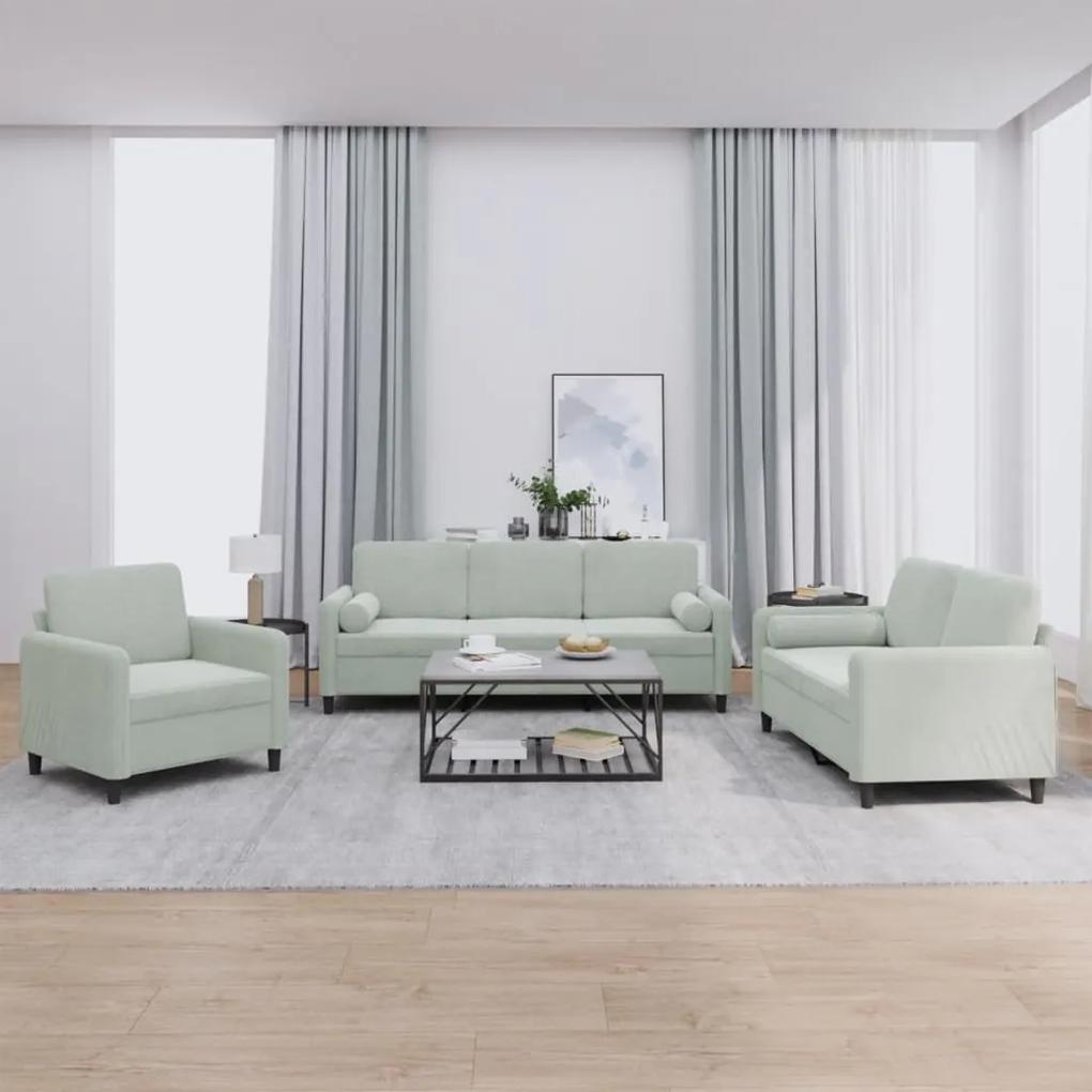 3 pcs conjunto de sofás com almofadas veludo cinzento-claro