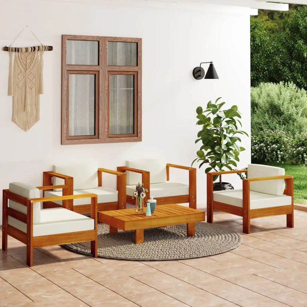vidaXL 5pcs conj. lounge jardim c/ almofadões cor creme madeira maciça