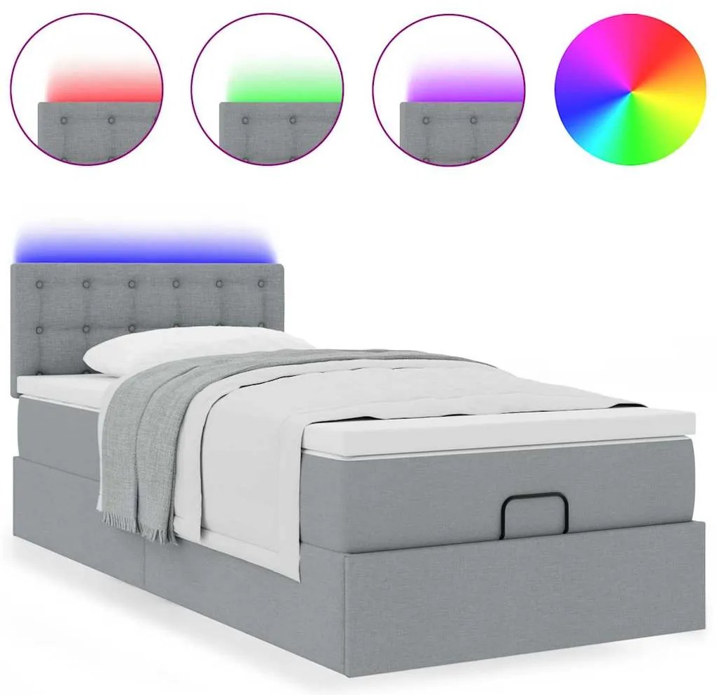 Cama Otomana com colchão &amp; LEDs 90x200 cm tecido cinzento claro