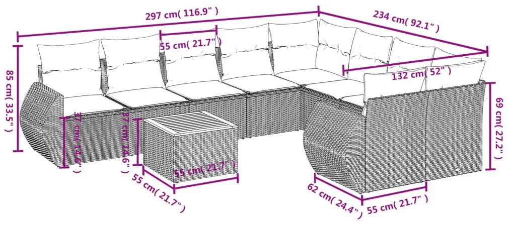 10 pcs conjunto sofás de jardim c/ almofadões vime PE cinzento