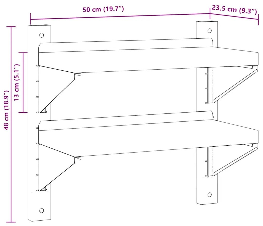Estante parede 2 prateleiras 50x23,5x48 cm aço inoxidável prata