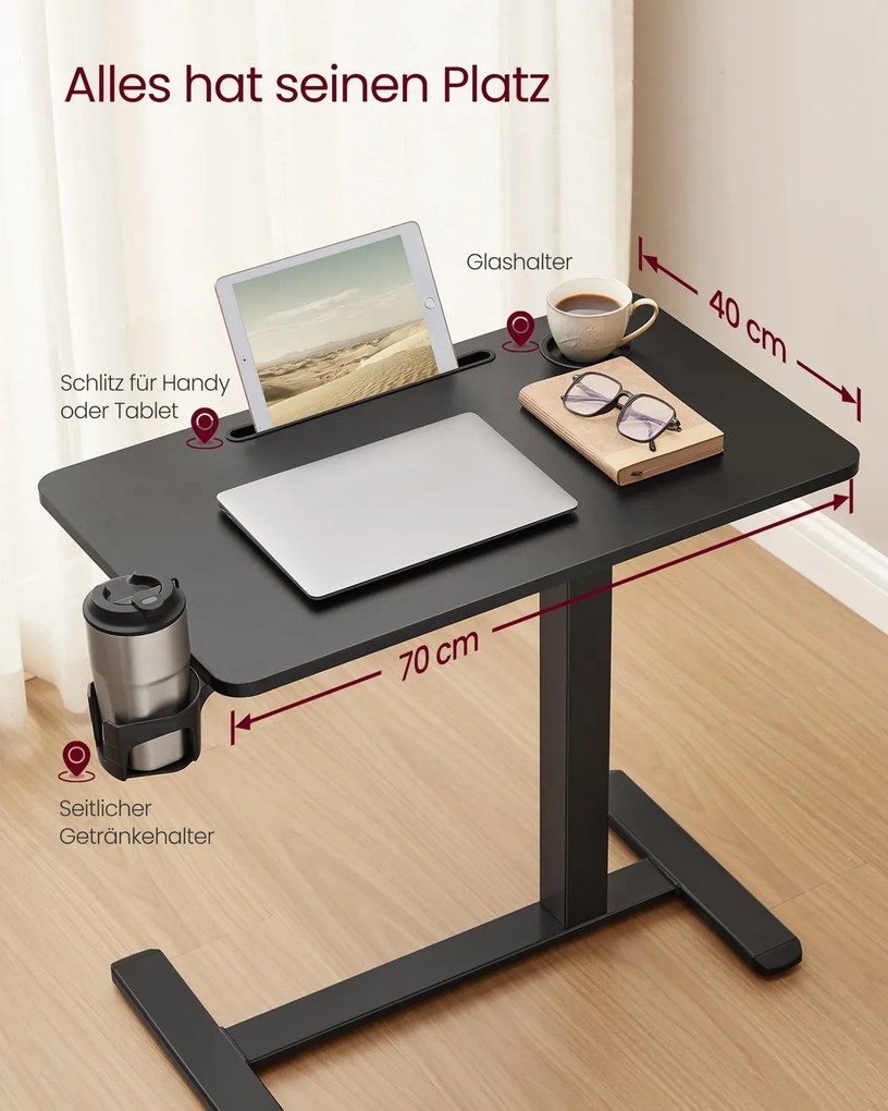 Mesa de secretaria auxiliar móvel com rodas e suportes para copos 70 x 40 x (65-102) cm Altura ajustável, em Preto