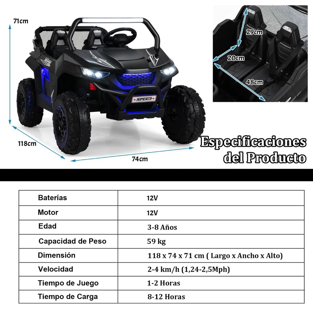 Carro Elétrico Bateria 12 V UTV 2 Lugares com Controlo Remoto 2.4G Música de Alta/Baixa Velocidade 3 a 8 Anos 118 x 74 x 71 cm Preto