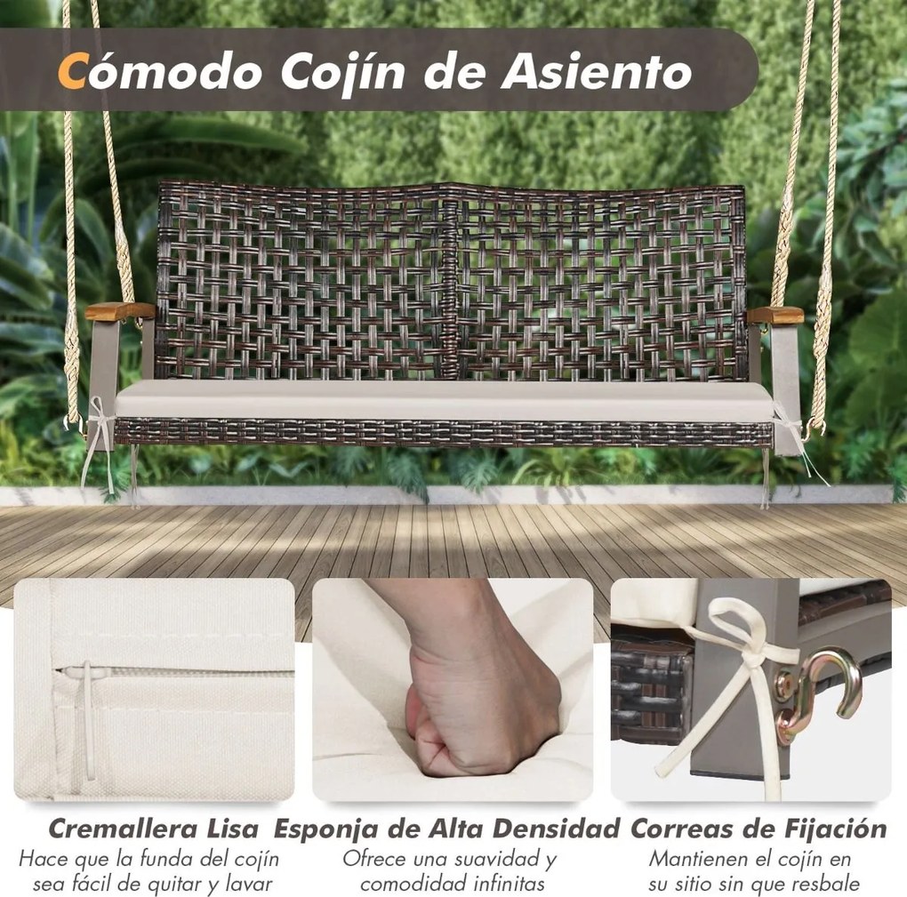 Baloiço de varanda em vime de 2 lugares com almofada de assento Apoio de braço em madeira de acácia 2 cordas 131 x 68 x 54 cm Castanho + Branco