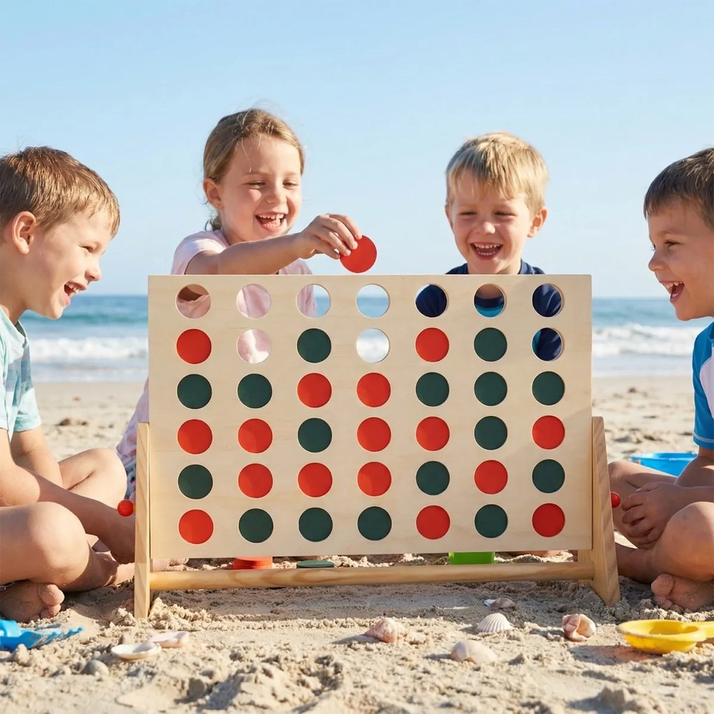 Jogo Conecta de 4 peças  62 x 17 x 40 cmcom 42 fichas e moldura em madeira de pinho para uso interior e exterior – Família, Crianças, Adolescentes, Ad