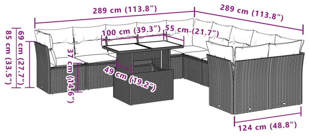 11 pcs conjunto sofás de jardim c/ almofadões vime PE bege