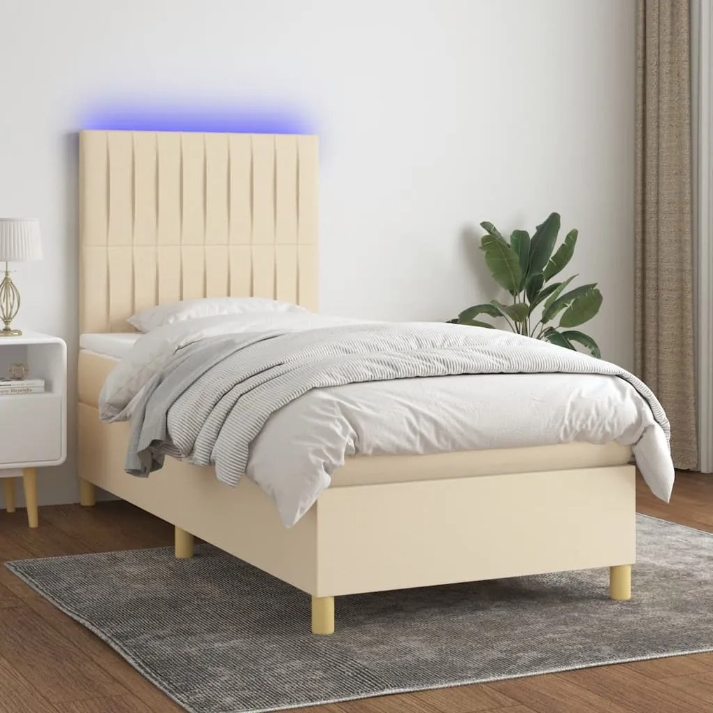 Cama box spring c/ colchão e LED 100x200 cm tecido cor creme