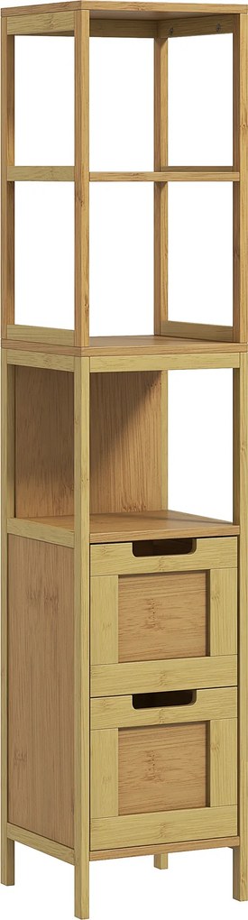 kleankin Coluna Casa de Banho com 3 Prateleiras e 2 Gavetas Armário Alto para Casa de banho Estilo Moderno 30x30x144,3 cm Madeira | Aosom Portugal