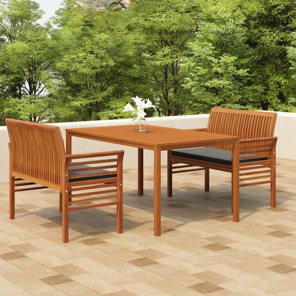 vidaXL 3 pcs conjunto de jantar exterior c/ almofadões acácia maciça