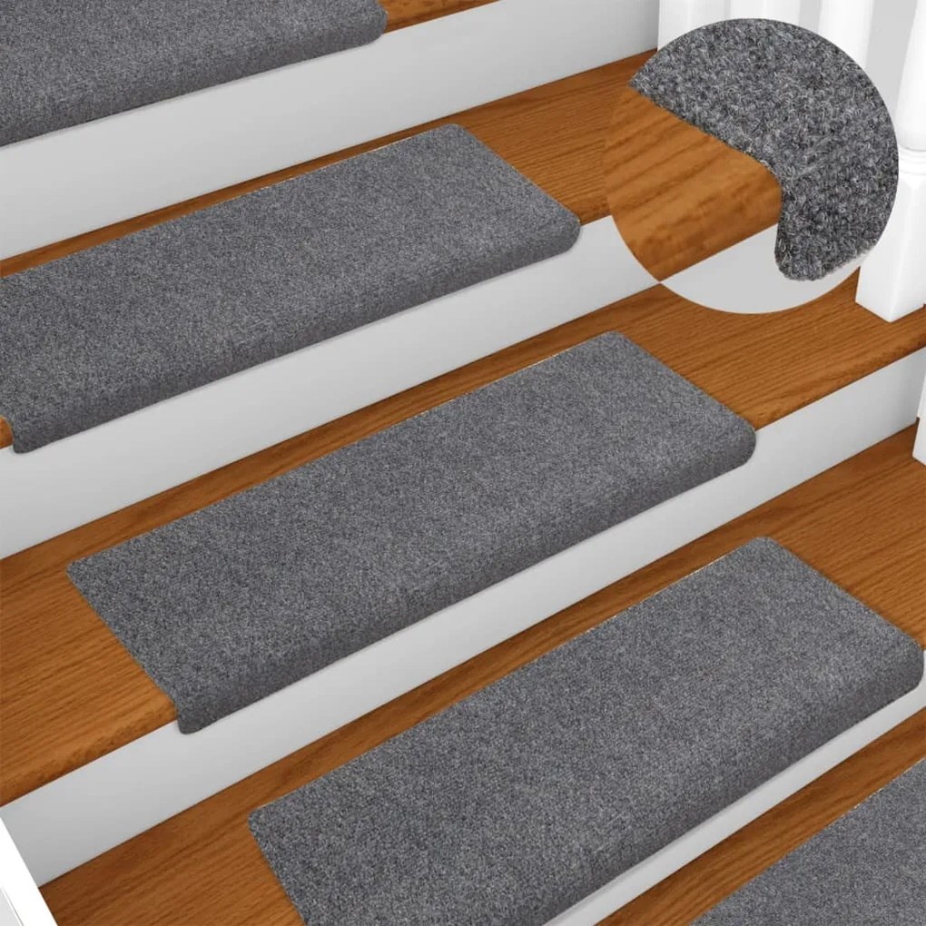 134564 vidaXL Tapetes de escada 15 pcs 65x21x4 cm tecido agulhado cinza claro