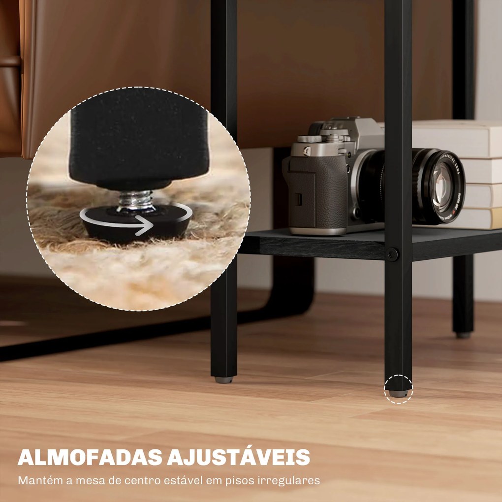 Mesa Auxiliar Estreita de 3 Níveis Mesinha Auxiliar Industrial com Prateleiras Abertas e Estrutura de Aço  43x18x62,5 cm Preto