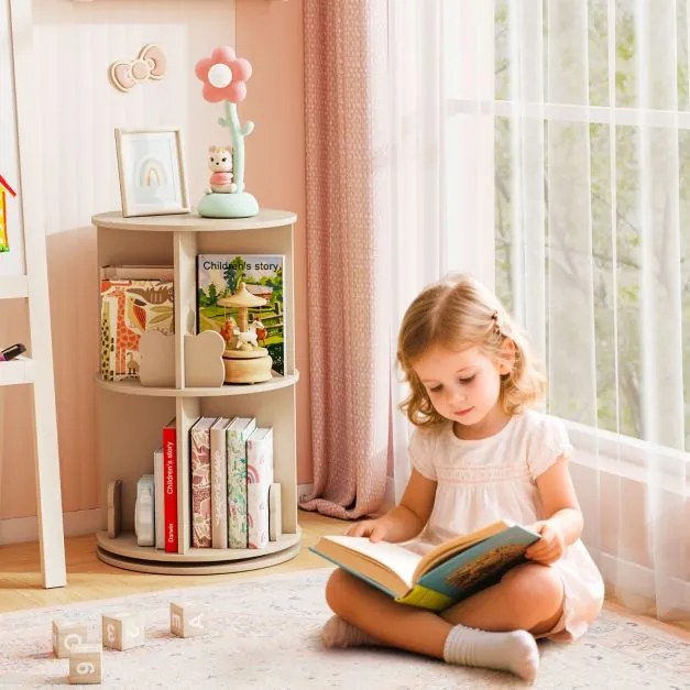 Estante giratória para crianças Estante infantil com 2 níveis e separadores em forma de coelho 360 graus 40 x 40 x 65 cm Café