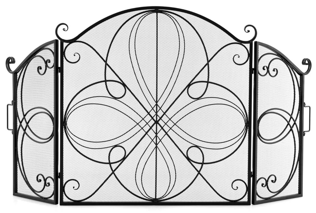 Protetor frontal para lareira de 3 painéis com padrão floral e resistente para lareira em metal para sala de estar 151 x 83 cm Preto
