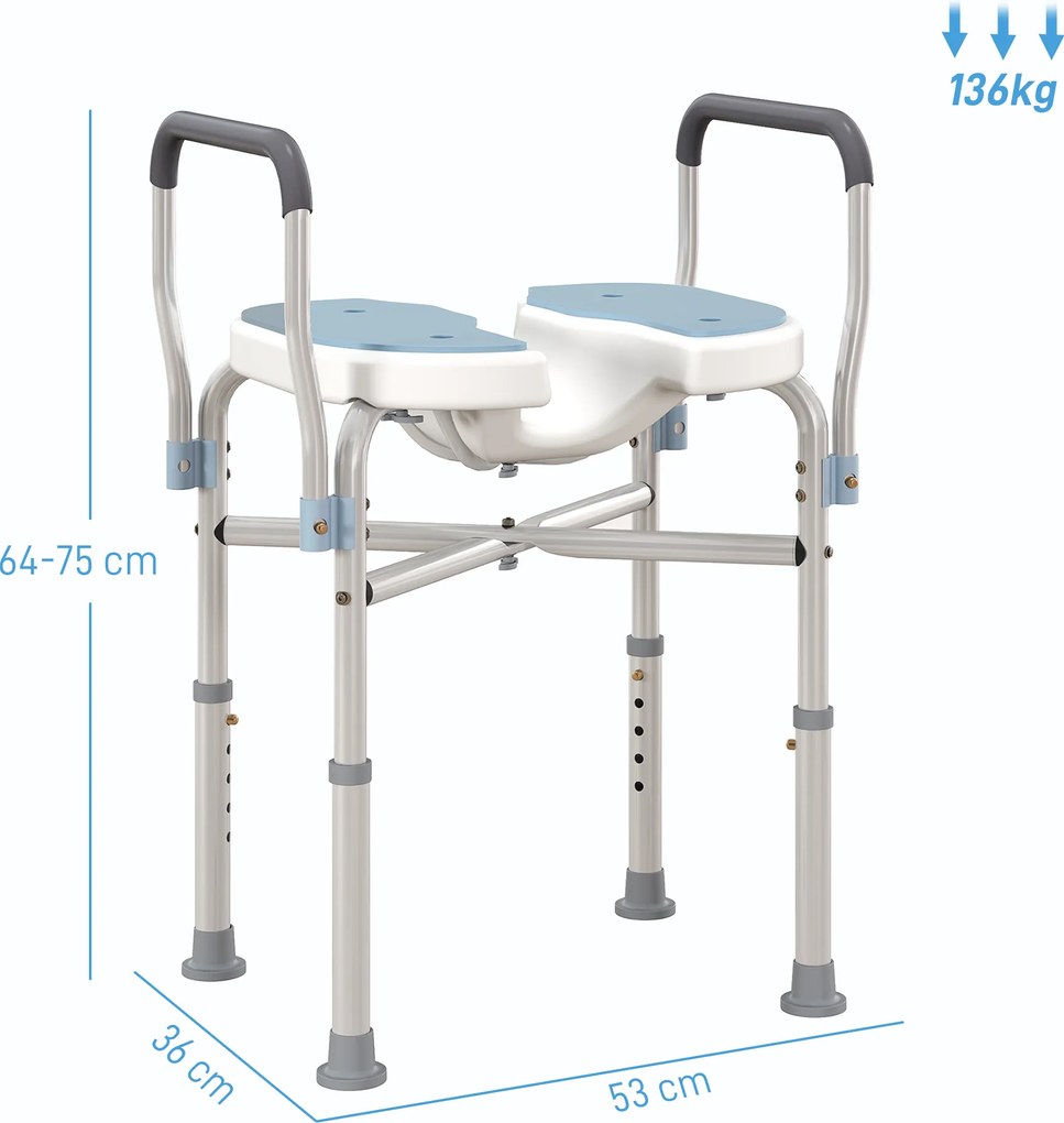 Cadeira de duche com braços 53 x 36 x 64-75 cm, assento em forma de U, altura ajustável, antiderrapante, azul claro