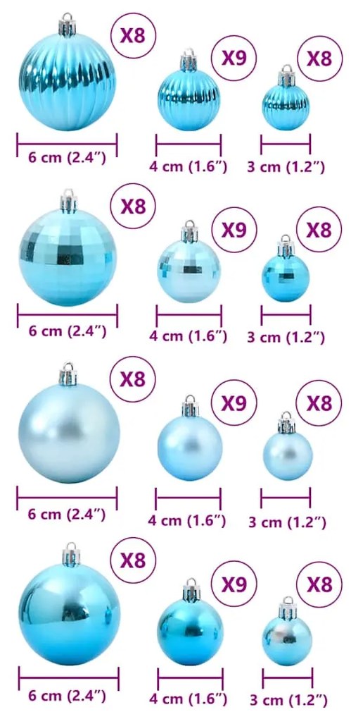 Enfeites de Natal 100 pcs Ø3/4/6 cm turquesa