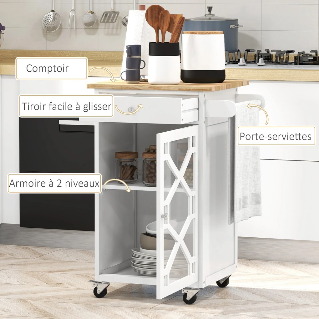 Carrinho de cozinha com Rodas 63 C x 45 P x 86 A cm gaveta, armário, toalheiro - branco