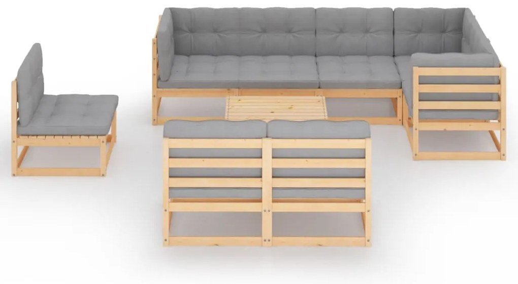 9 pcs conjunto lounge de jardim c/ almofadões pinho maciço