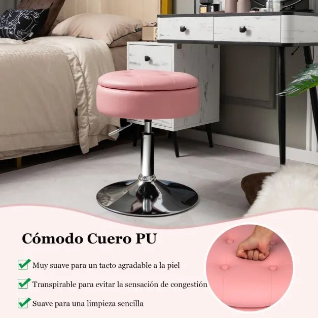 Banco Toucador Giratório com Arrumação Cadeira de Maquilhagem em Couro PU Tampa Ajustável em Altura Tampa Dobrável para Sala de Estar Quarto Rosa