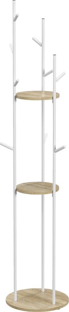 Cabide de pé, móvel de entrada em aço com 9 ganchos e 2 prateleiras redondas Ø 40 x 167 cm, em tons naturais e branco