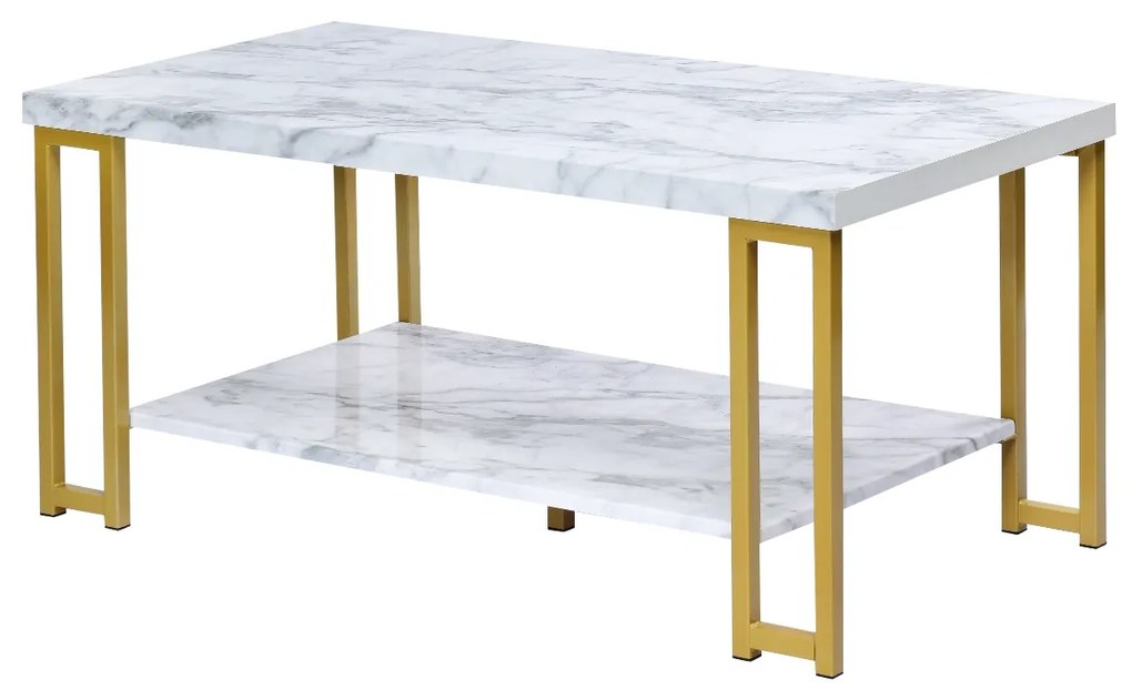 Mesa de centro com tampo imitação mármore com 2 níveis e pernas metálicas 100 x 49,5 x 45 cm Dourada e Branca