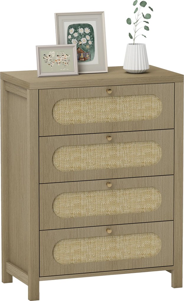 Cómoda com 4 gavetas, móvel de arrumação de estilo boémio com portas em resina trançada, 70 x 38 x 93 cm, efeito de madeira natural