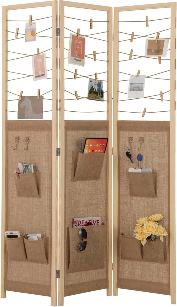 Painél divisório interior com 8 bolsos, 4 ganchos, cordas de juta e 20 clipes de bambu, 120 x 170 cm