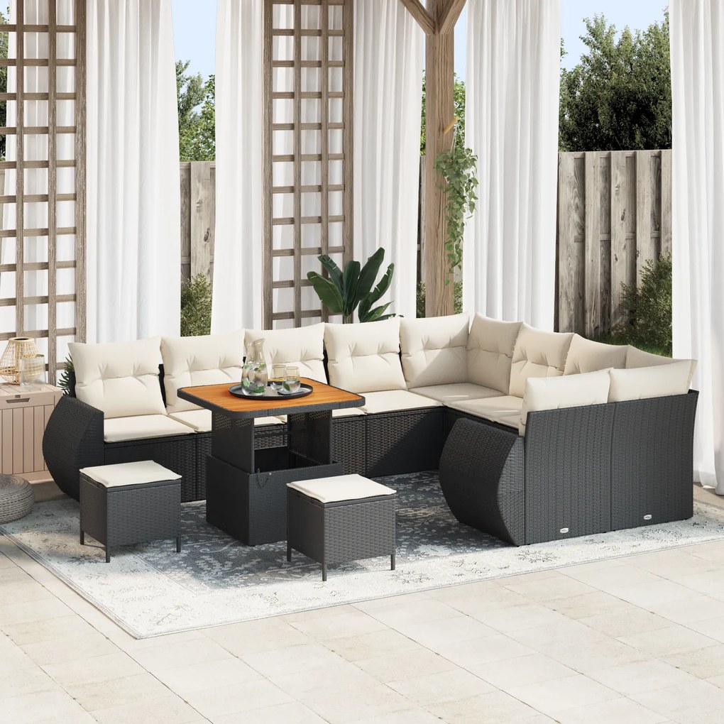 Conjunto de Sofá de Jardim de 12 peças com Almofadas Preto Polyrattan