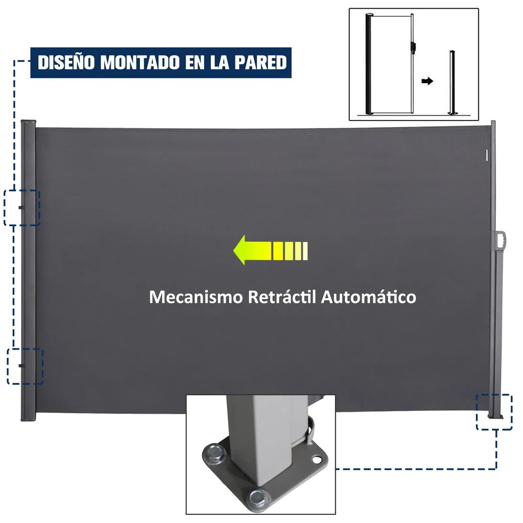 Outsunny Toldo Lateral Retrátil para Terraço Pátio ou Jardim Toldo de Privacidade para Exterior Dobrável 300x160cm Cinza