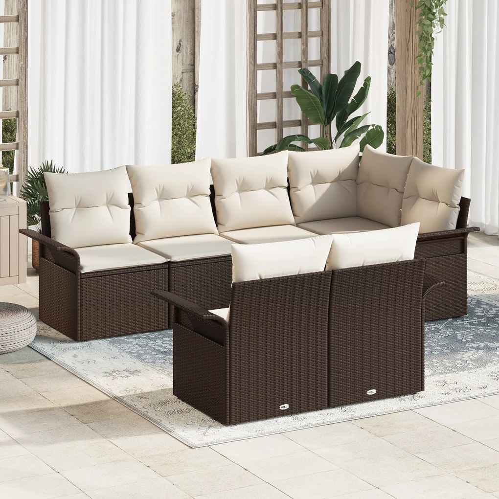 Conjunto de Sofá de Jardim vidaXL 7 Peças com Almofadas Castanho Vime,