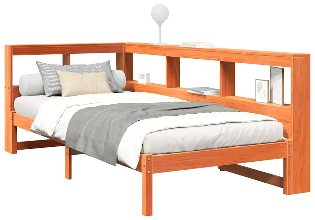 Cama com estante sem colchão 90x200cm pinho maciço castanho-mel