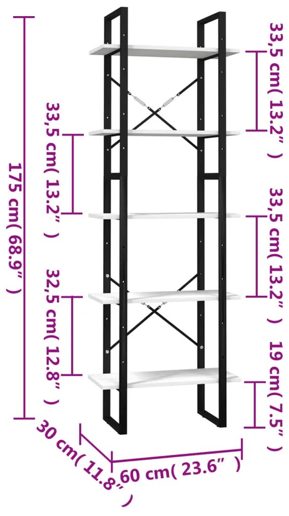 Estante com 5 prateleiras 60x30x175 cm madeira de pinho branco