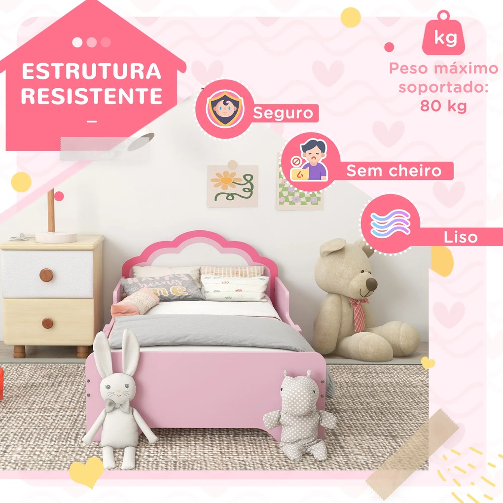 Cama para Crianças 70x140 cm (SEM COLCHÃO) com Barreira Antiqueda e Estrado Cama Infantil com Cabeceira em Forma de Nuvem Rosa