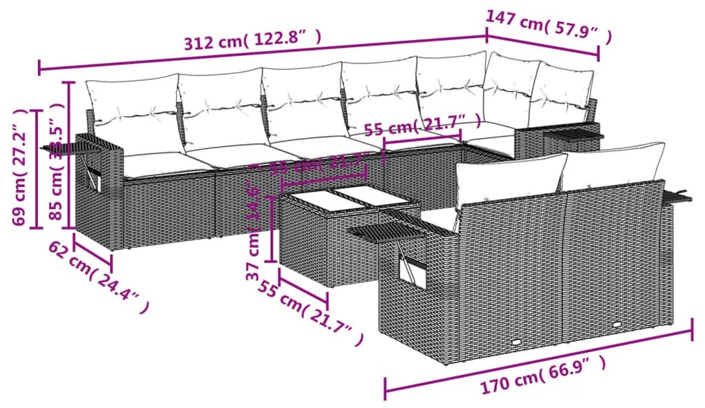 9 pcs conjunto de sofás p/ jardim com almofadões vime PE bege