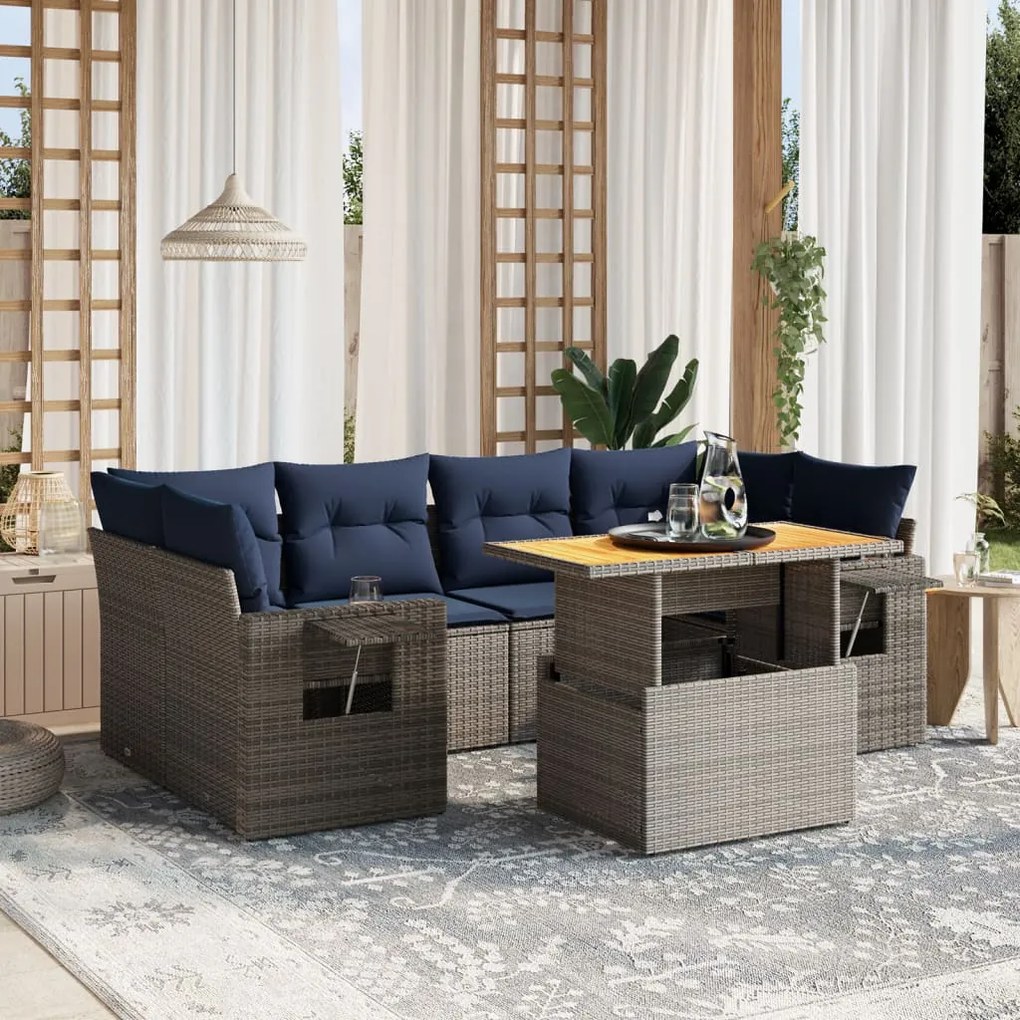 vidaXL 7 pcs conjunto sofás p/ jardim c/ almofadões vime PE cinzento