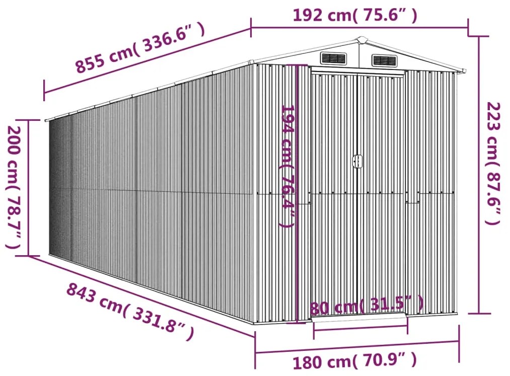 Abrigo de jardim 192x855x223 cm aço galvanizado cinzento-claro