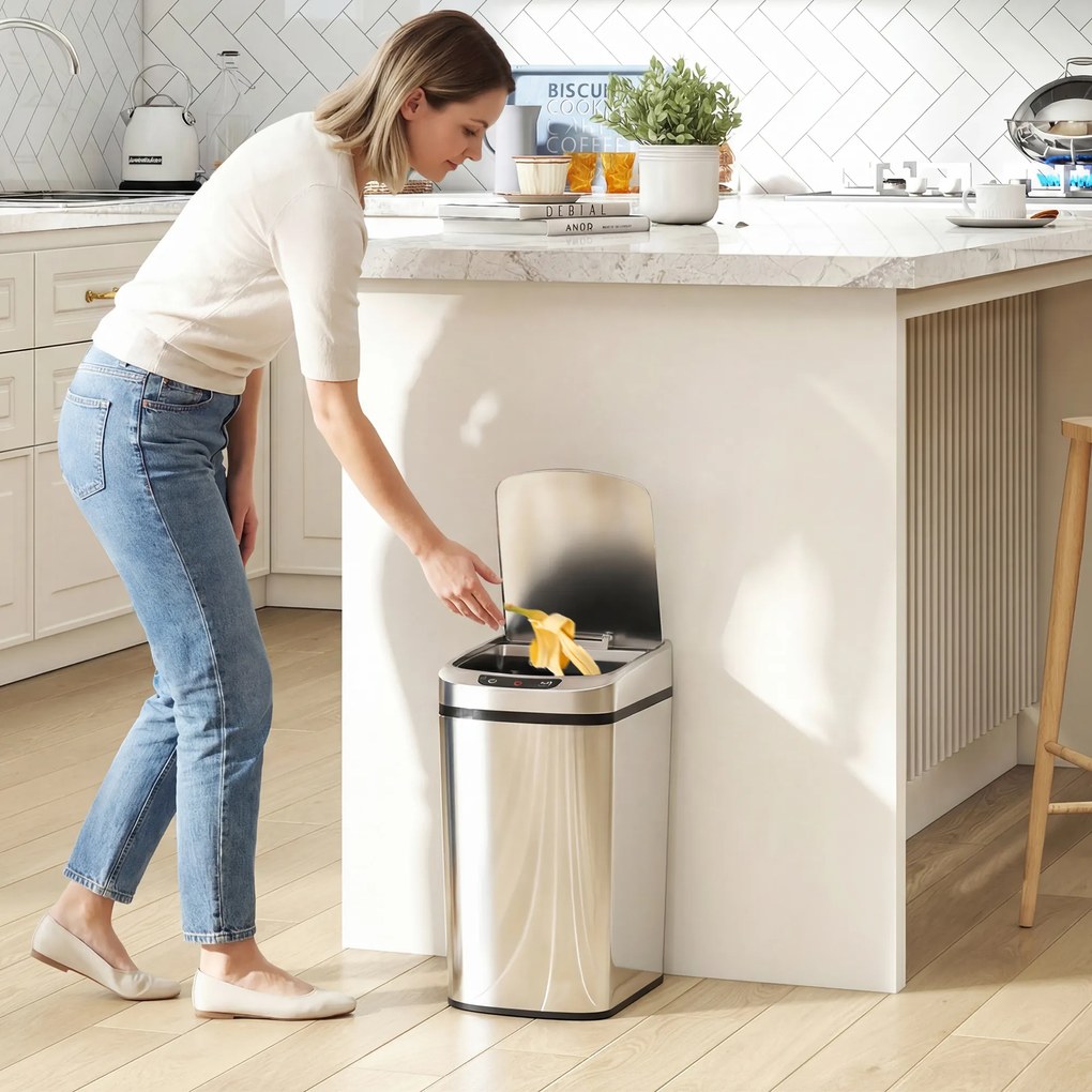 Caixote do lixo de cozinha automático de 12 L em aço inoxidável, com sensor e tampa, 28 x 22 x 41 cm, prateado