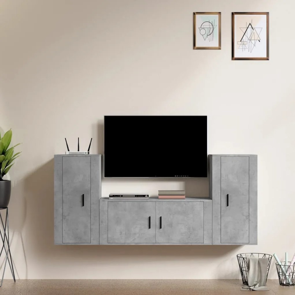 vidaXL Conjunto móveis de TV 3 pcs madeira processada cinzento cimento