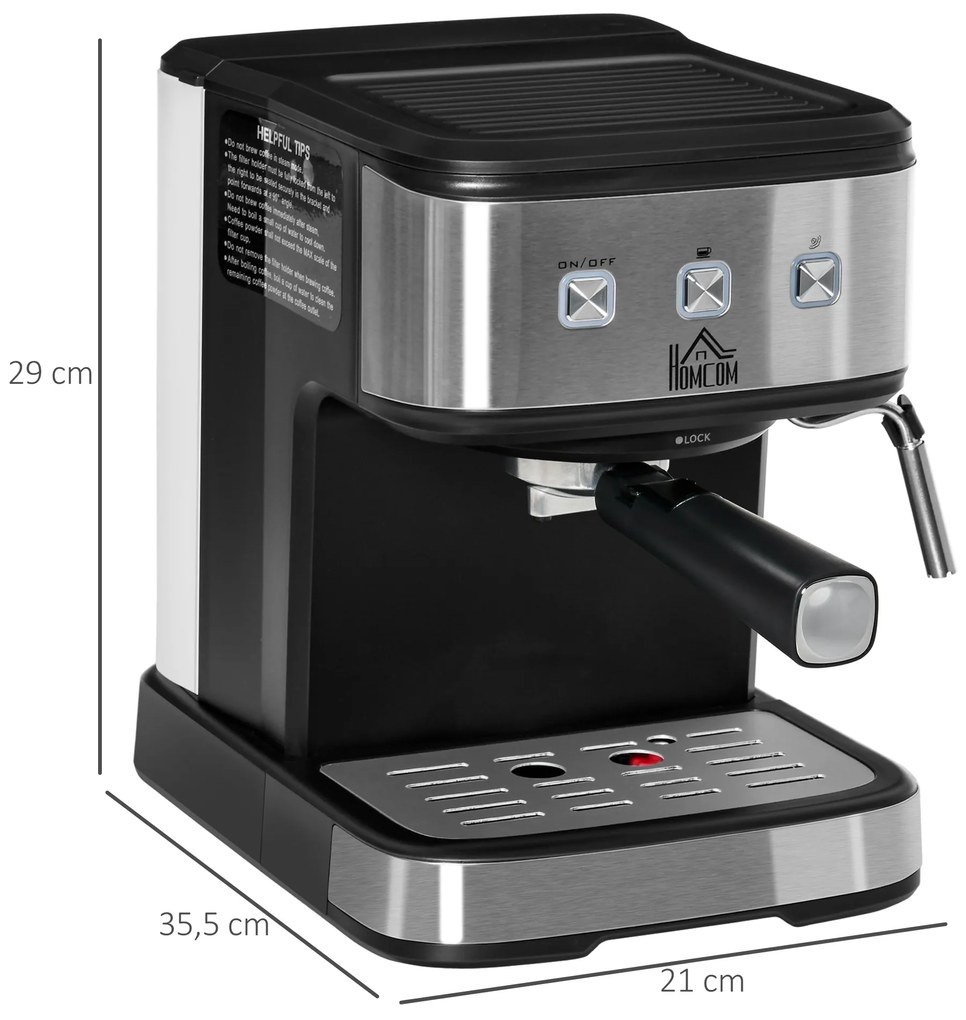 HOMCOM Cafeteira Semi Automática 850W de 15 Bar de Pressão com Depósito 1,5L Espumador de Leite para Espresso Capuccino Latte Macchiato Vaporizador Orientável 35,5x21x29cm Preto