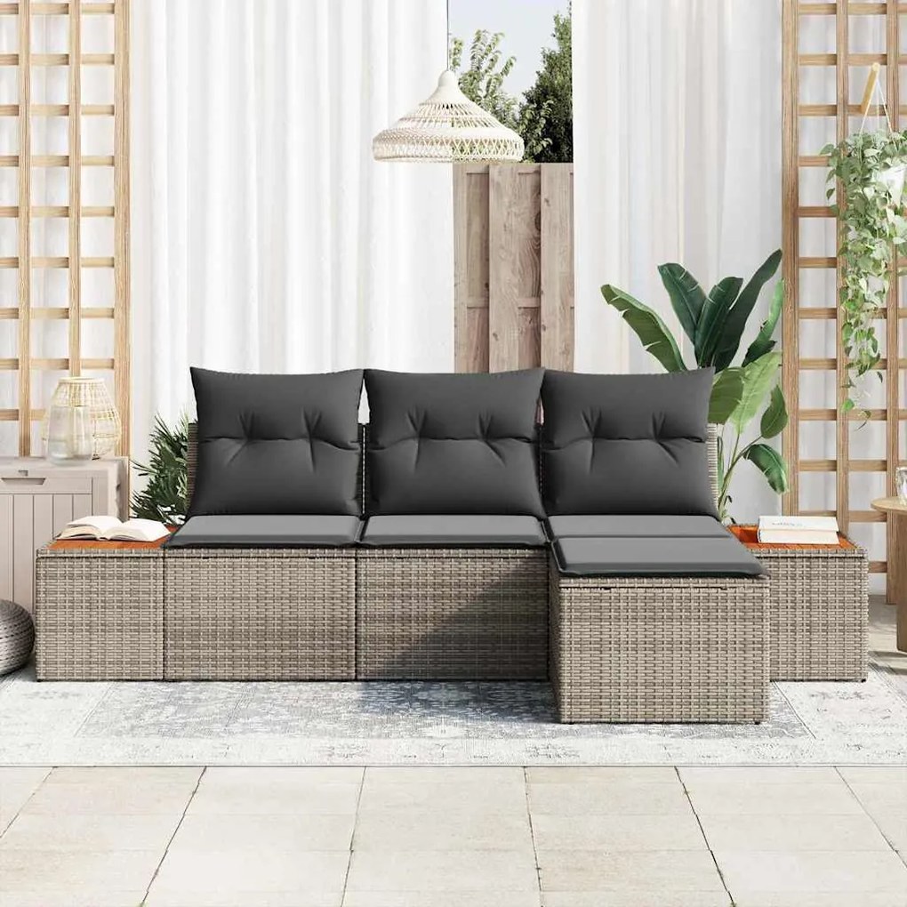Conjunto de Sofá de Jardim de 4 Peças com Almofadas Cinza Polirattan A