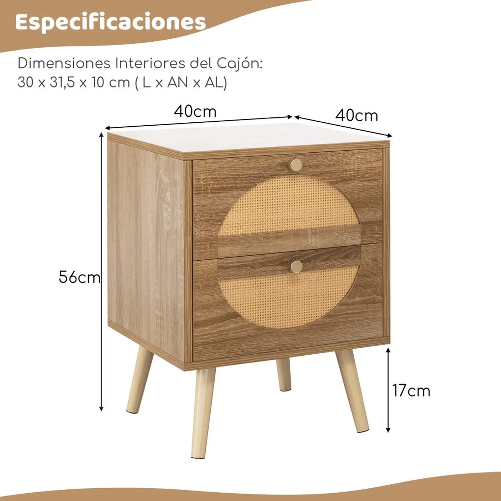 Conjunto de 2 mesas de cabeceira em rattan com 2 gavetas de estilo boémio com pernas em madeira maciça para sala de estar e quarto Natural